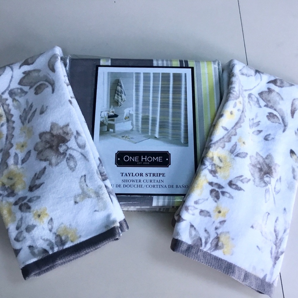 New Cotton Striped Shower Curtain + 2 Matching Floral Towels - Grey & Yellow
